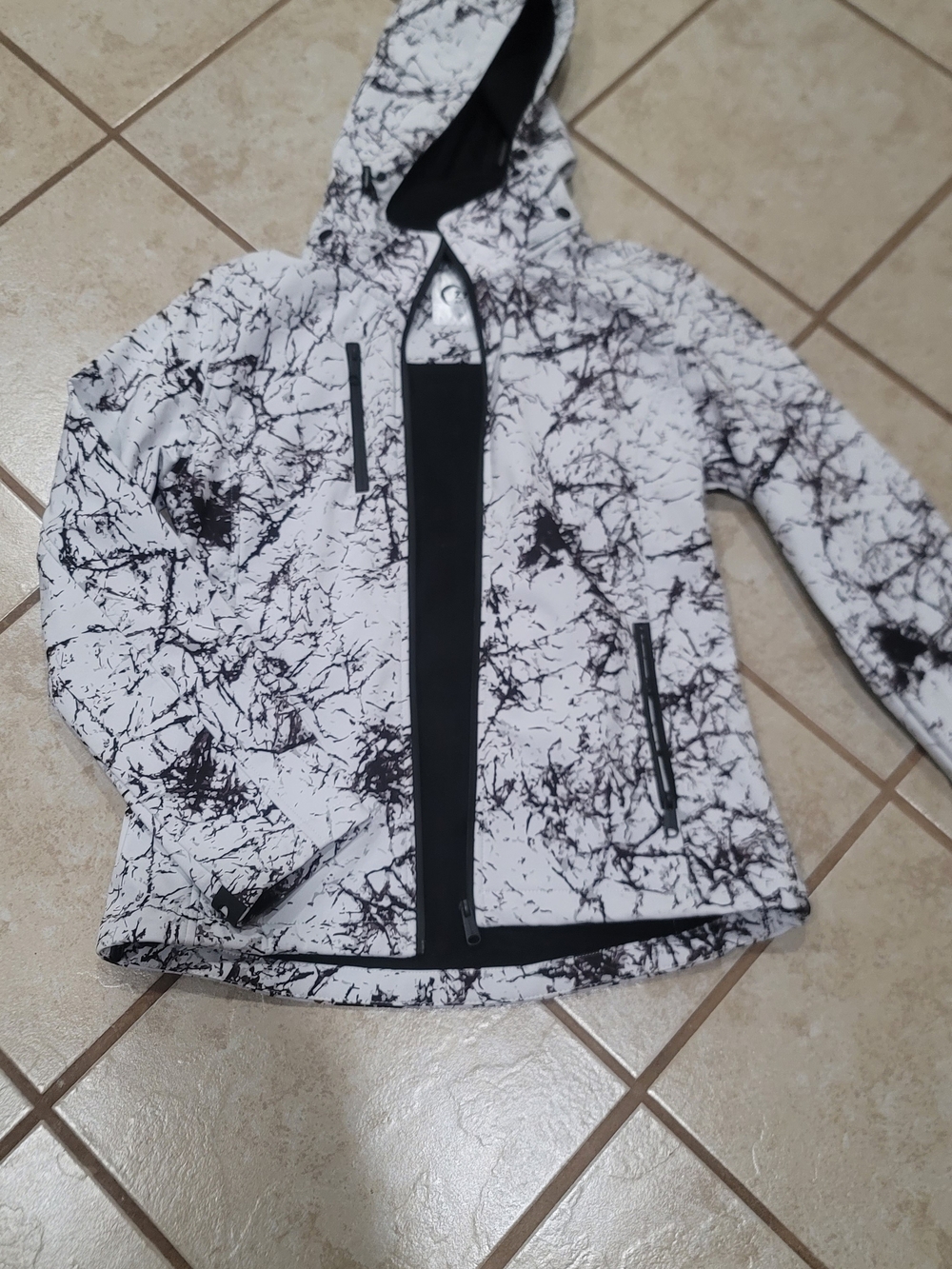 ZYIA Active White Marble-Print Hooded Jacket with Black Trim